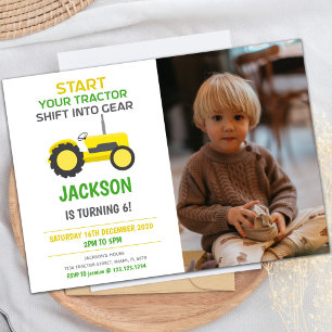 White & Yellow Tractor Birthday Invitations