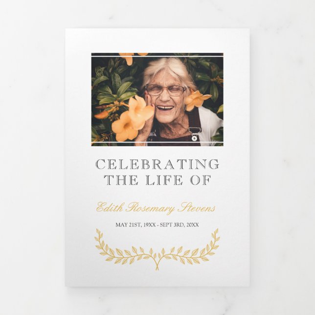 White Yellow Wreath Photo Funeral Tri-Fold Programme (Cover)