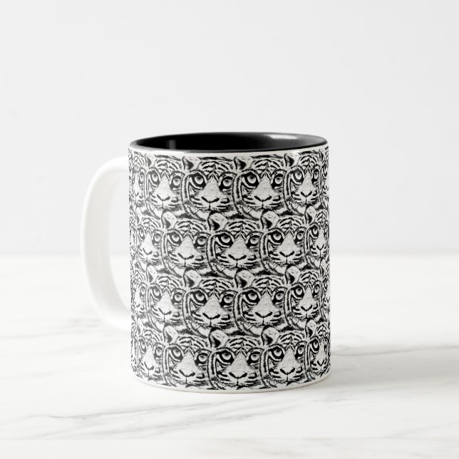 White Young Tiger Face Pattern on Black Two-Tone Coffee Mug (Front Left)