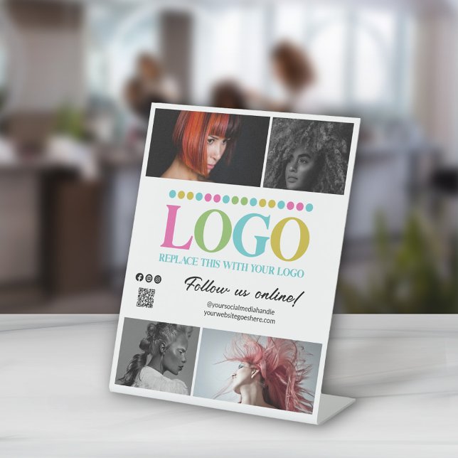 White Your Logo Photos QR Code Social Media Promo Pedestal Sign (Creator Uploaded)