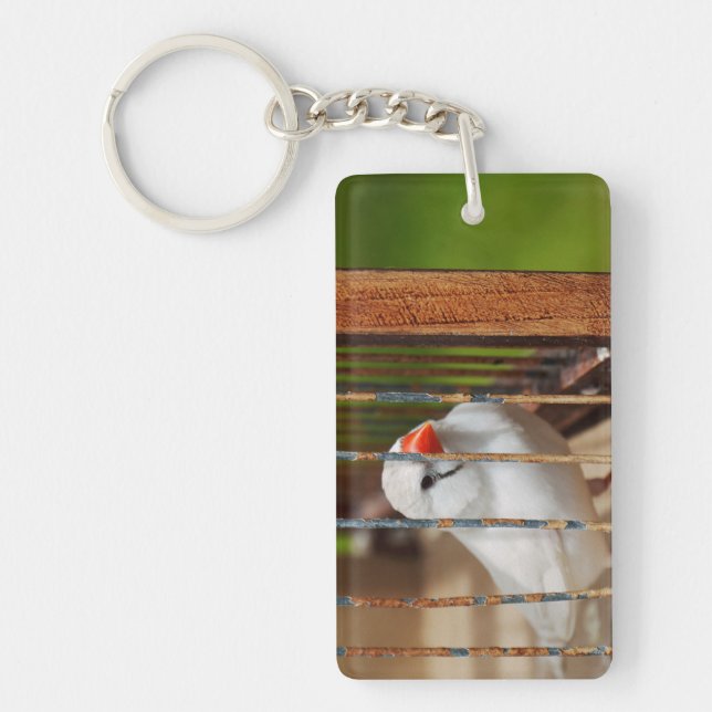 White Zebra Finch Bird in Cage Keychain (Front)