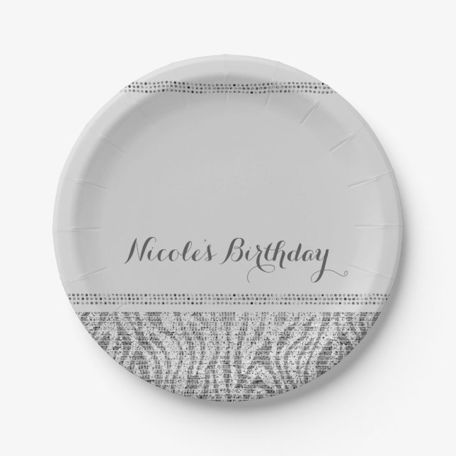 White Zebra Sparkle Sequins Glam Modern Party Paper Plate (Front)