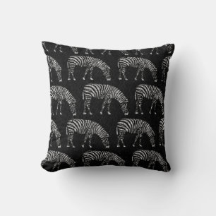 White Zebras Stencil Black Denim Throw Pillow
