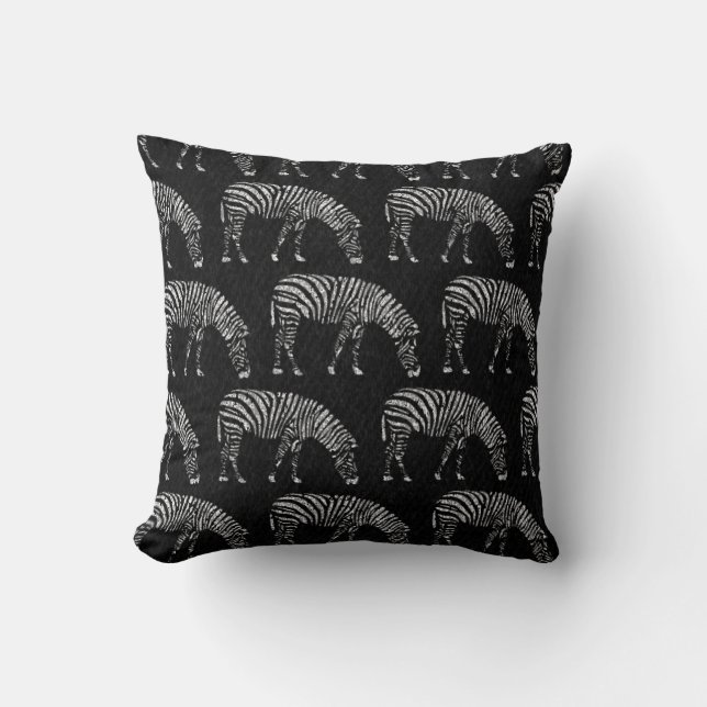 White Zebras Stencil Black Denim Throw Pillow (Front)