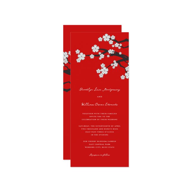 White Zen Sakura Cherry Blossoms Red Asian Wedding Invitation (Front/Back In Situ)