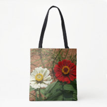 White Zinnia and Red Zinnia Tote Bag