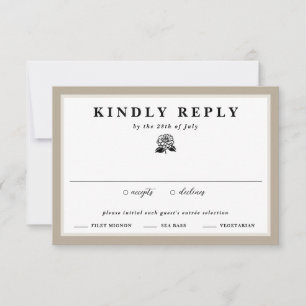 White Zinnia Flower Taupe & Ivory Floral Wedding  RSVP Card
