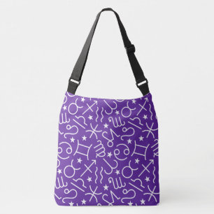 White Zodiac Signs and Stars on Wild Violet Purple Crossbody Bag