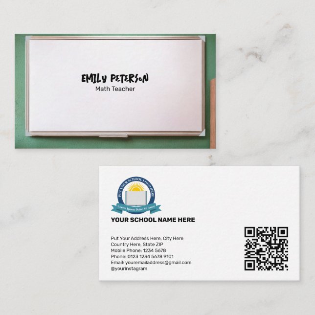 Whiteboard School Teacher With QR Code Business Card (Front/Back)