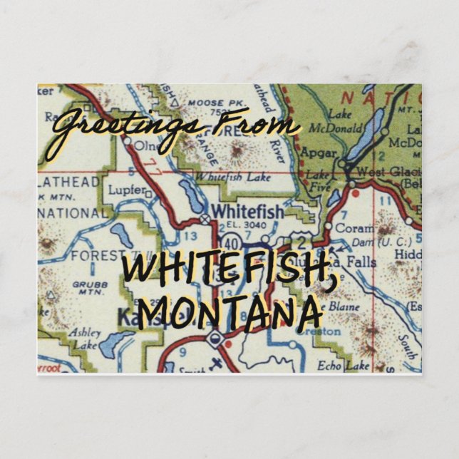 Whitefish MT Vintage Map Postcard (Front)