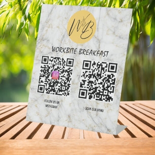 WhiteGold Marble Restaurant Menu Instagram Qr Code Pedestal Sign