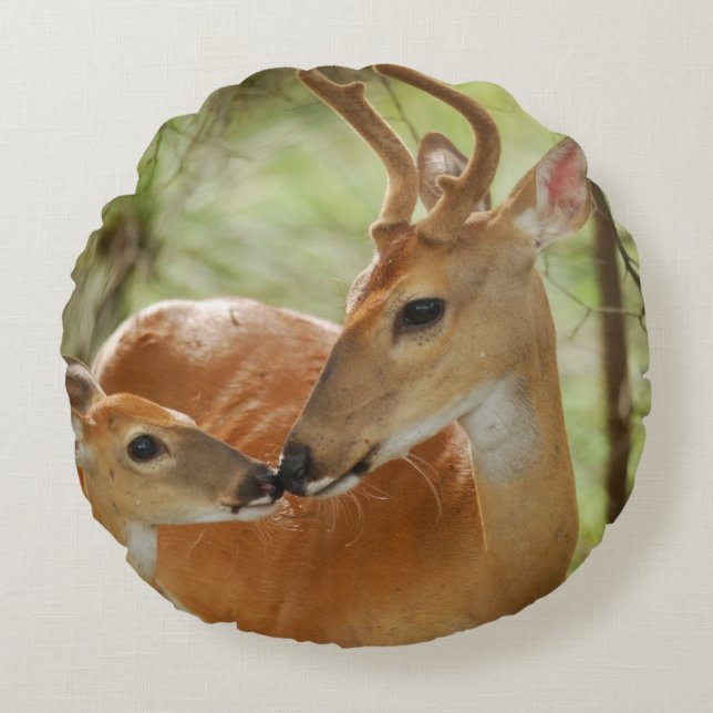 Whitetail Buck And Fawn Bonding Round Pillow (Front)