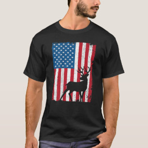 Whitetail Buck Deer Hunters American Flag - Design T-Shirt