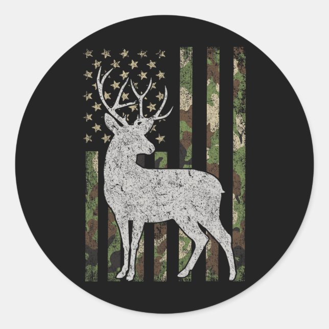 Whitetail Buck Deer Hunting American Camouflage Us Classic Round Sticker (Front)