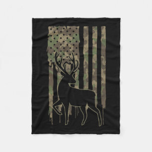 Whitetail Buck Deer Hunting American Flag Camoufla Fleece Blanket