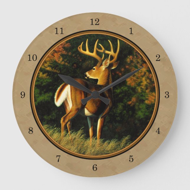 Whitetail Buck Deer Hunting Tan Large Clock (Front)
