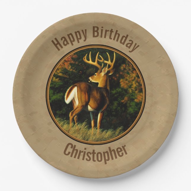 Whitetail Buck Deer Hunting Tan Paper Plate (Front)