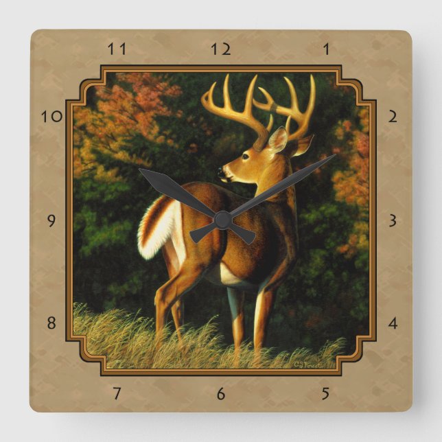 Whitetail Buck Deer Hunting Tan Square Wall Clock (Front)