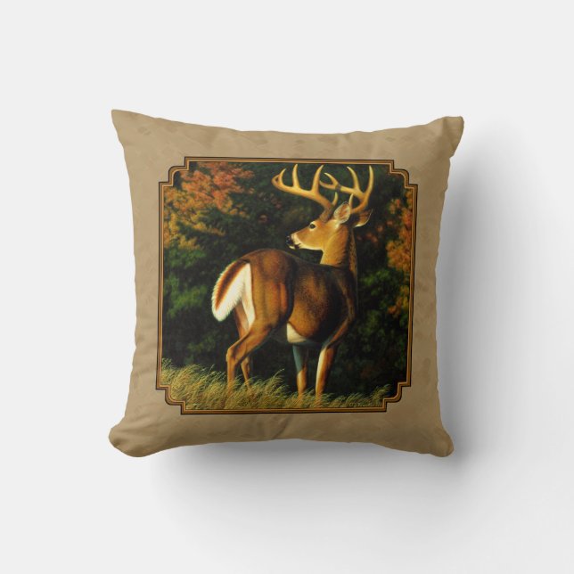 Whitetail Buck Deer Hunting Tan Throw Pillow (Front)