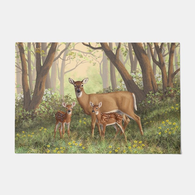 Whitetail Deer and Cute Twin Fawns In Spring Doormat (Front)