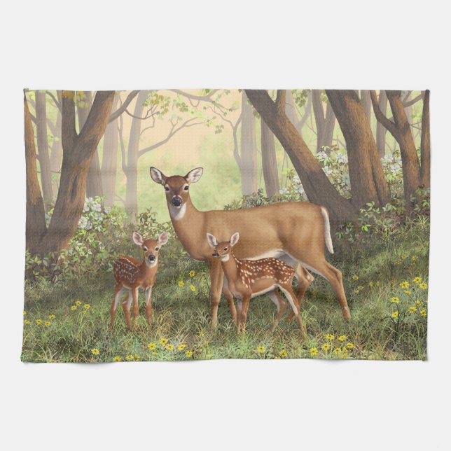 Whitetail Deer and Cute Twin Fawns In Spring Kitchen Towel (Horizontal)