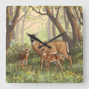 Whitetail Deer and Cute Twin Fawns In Spring Square Wall Clock