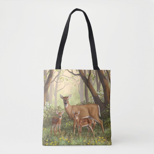 Whitetail Deer and Cute Twin Fawns In Spring Tote Bag (Front)