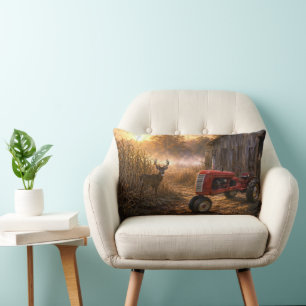 Whitetail Deer and Vintage Tractor in Morning Mist Lumbar Pillow