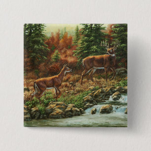 Whitetail Deer and Waterfall 2 Inch Square Button