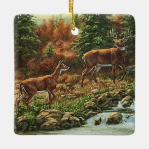 Whitetail Deer and Waterfall Ceramic Ornament