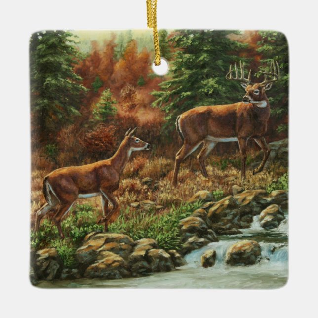 Whitetail Deer and Waterfall Ceramic Ornament (Front)