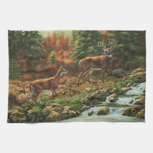 Whitetail Deer and Waterfall Kitchen Towel
