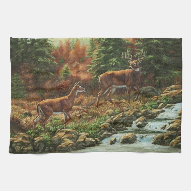 Whitetail Deer and Waterfall Kitchen Towel (Horizontal)