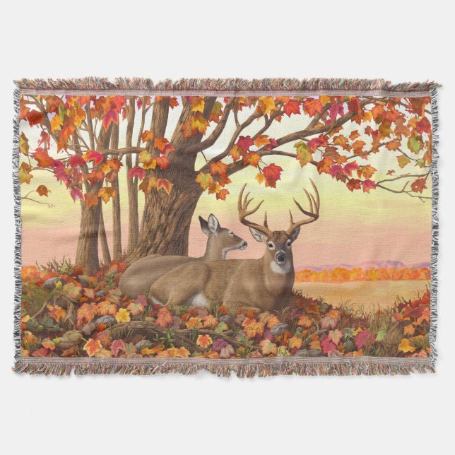 Whitetail Deer Autumn Maple Tree Throw Blanket (Front)