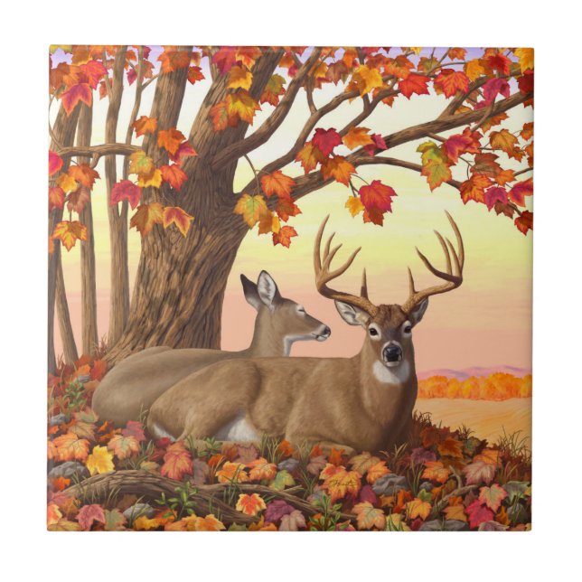Whitetail Deer Autumn Maple Tree Tile (Front)