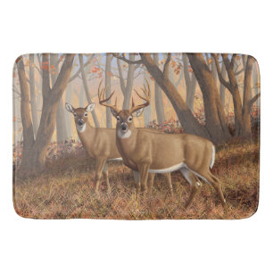 Whitetail Deer Buck & Doe Autumn Maple Woods Bath Mat