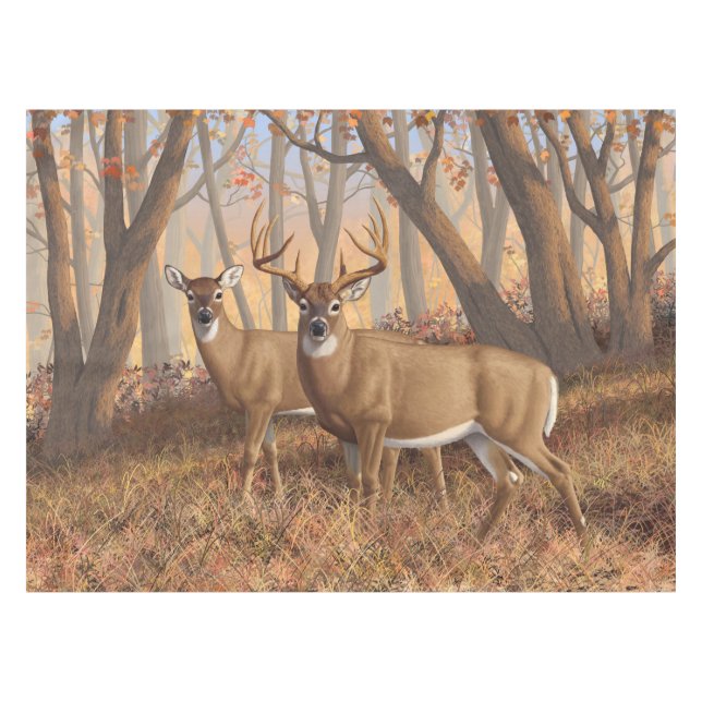 Whitetail Deer Buck & Doe Autumn Maple Woods Tablecloth (Front (Horizontal))