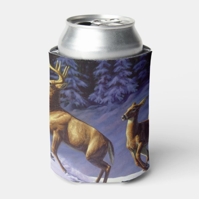 Whitetail Deer Buck & Doe in Winter Snow Can Cooler (Can Front)