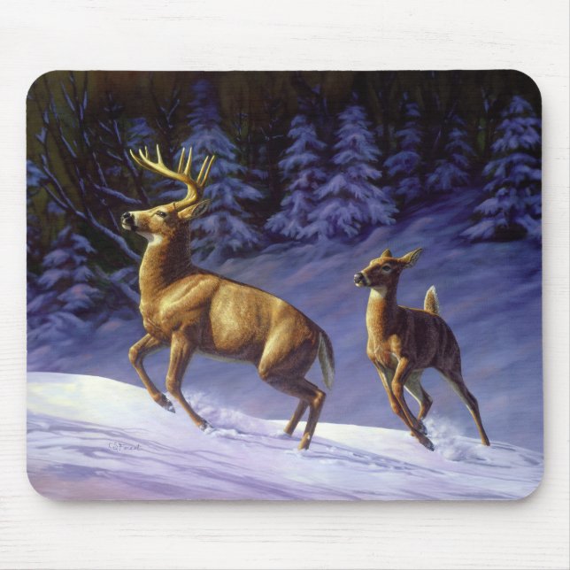 Whitetail Deer Buck & Doe in Winter Snow Mouse Pad (Front)