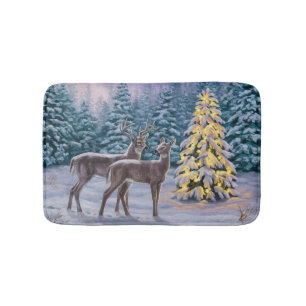 Whitetail Deer & Christmas Tree Winter Scene Bath Mat