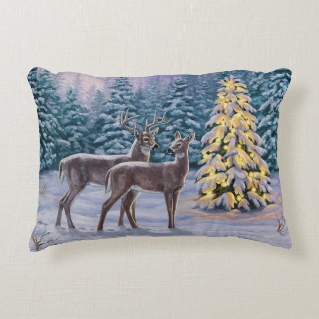 Whitetail Deer & Christmas Tree Winter Scene Decorative Pillow (Front)