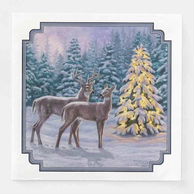 Whitetail Deer & Christmas Tree Winter Scene Napkin (Front)