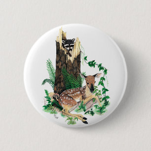 Whitetail Deer Fawn and Raccoon Button