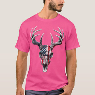 Whitetail Deer Hunting American Flag On Buck Skull T-Shirt