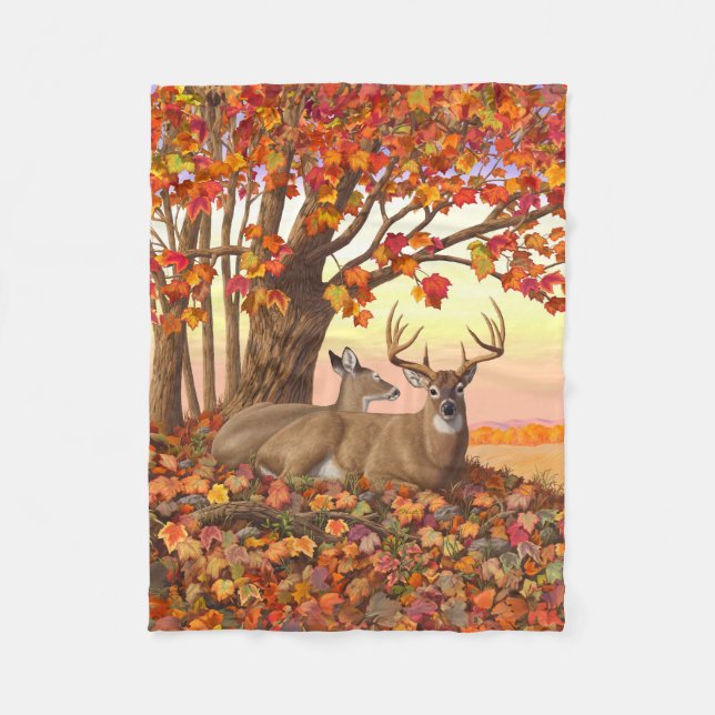 Whitetail Deer in Autumn New England Fall Colours Fleece Blanket (Front)