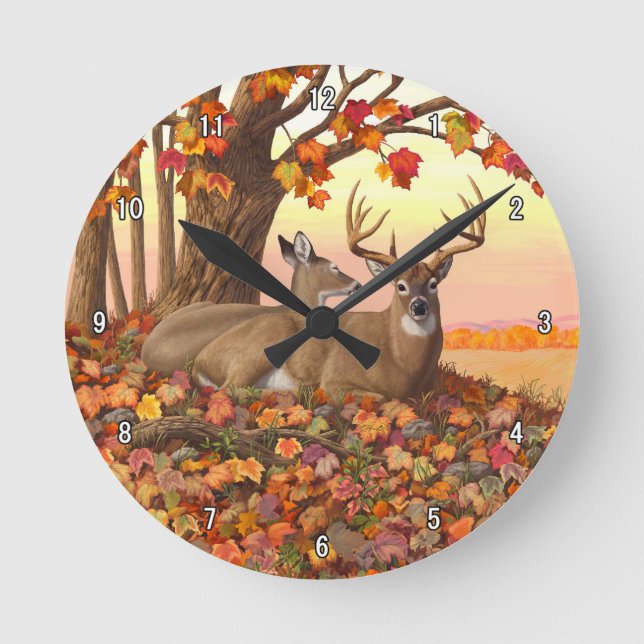 Whitetail Deer in Autumn New England Fall Colours Round Clock (Front)