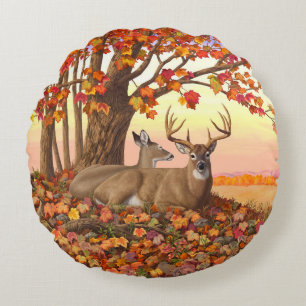Whitetail Deer in Autumn New England Fall Colours Round Pillow