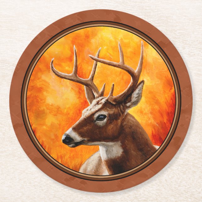 Whitetail Deer in Autumn Reddish Brown Round Paper Coaster (Front)