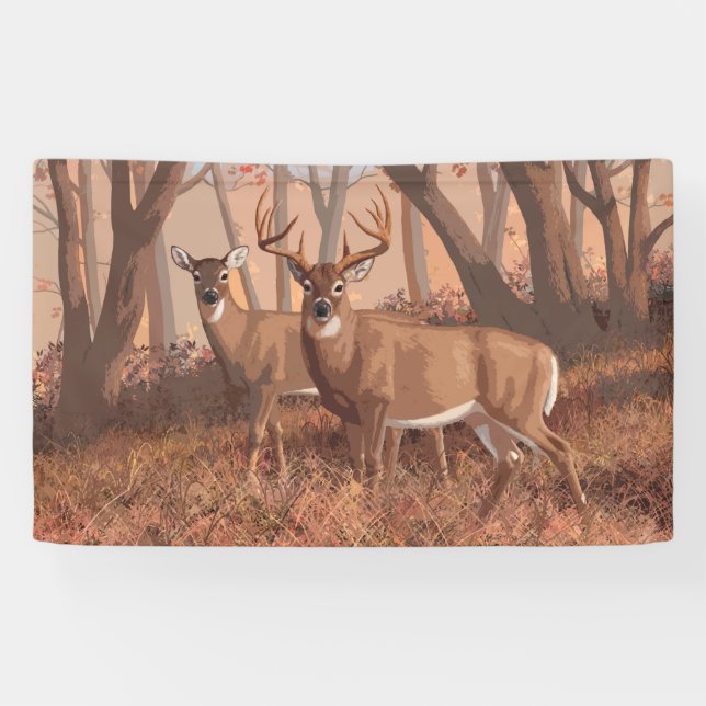 Whitetail Deer In Forest Retro Style Nature Banner (Horizontal)