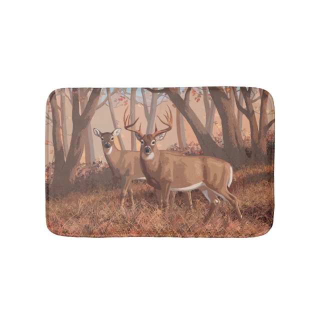 Whitetail Deer In Forest Retro Style Nature Bath Mat (Front)
